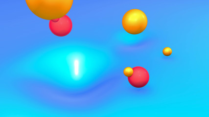 3D Rendering of falling colorful geometric shapes. Pink, yellow and blue abstract background.