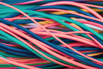 Close-up of multicolored telecommunication cable and wire