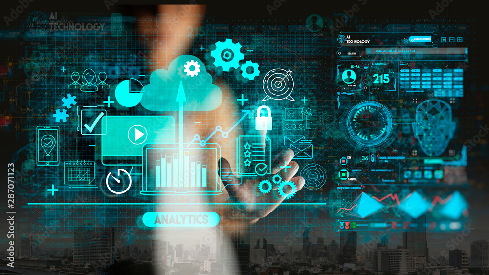 Fototapete Hand touching Business data analytics process management with KPI financial charts and graph and automated marketing dashboard.