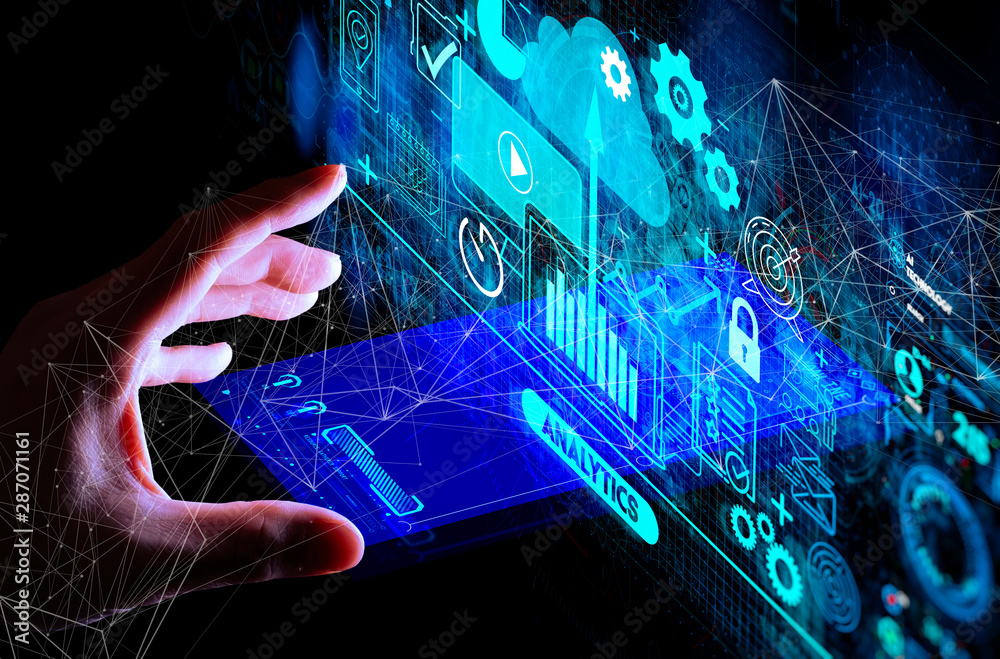 Aufkleber Hand touching Business data analytics process management with KPI financial charts and graph and automated marketing dashboard.