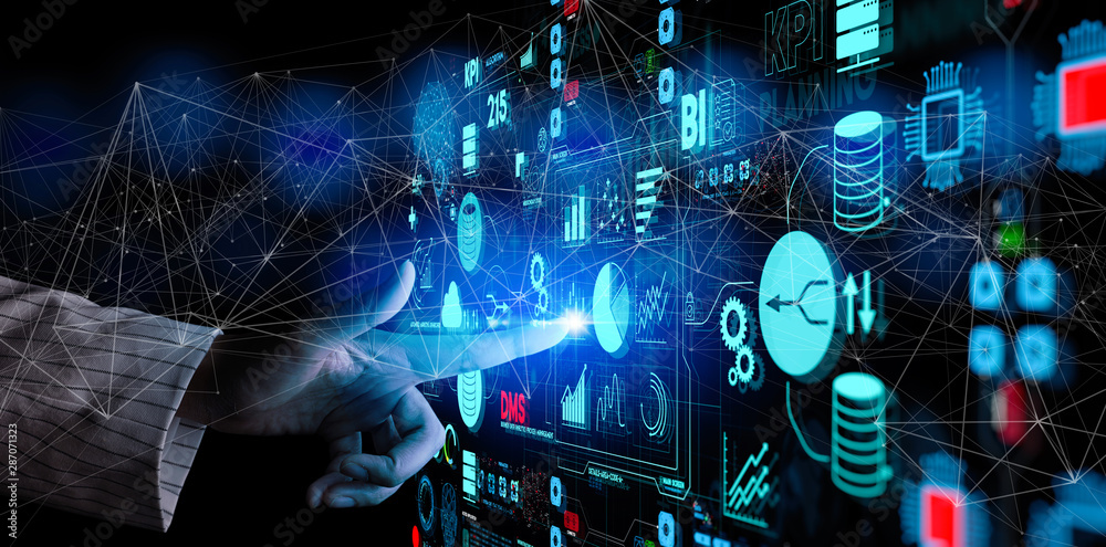 Poster Business data analytics process management with businesswoman hand touching connected gear cogs with KPI financial charts and graph and automated marketing dashboard.