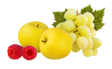 Fresh yellow apples with grapes and raspberry isolated on white background with clipping path