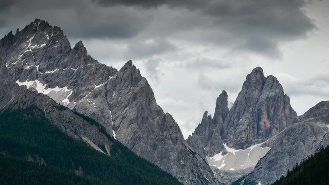 Timelapse of Cima Dodici or Zw&ouml;lferkofel dolomitic group in the Sexten Dolomites, South Tyrol. Italy. Pan camera movement.