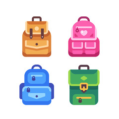 School kid backpack flat icon set. Back to school illustration