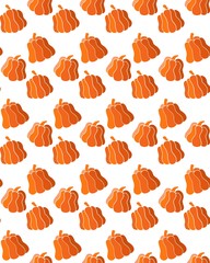 Seamless pattern of orange pumpkins on a white background. Illustration for Halloween. Fall, thanksgiving concept. Colorful backdrop vector. Harvest season. Paper illustration on white backdrop