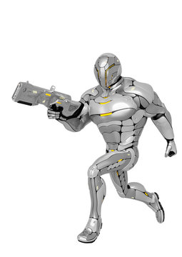 sci fi astronaut cartoon with a laser gun side view in a white background