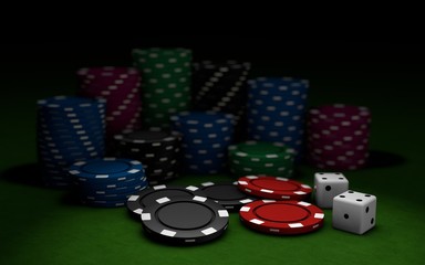 playing cards,dices and poker chips on green poker table