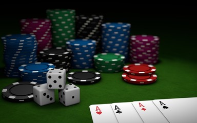 playing cards,dices and poker chips on green poker table