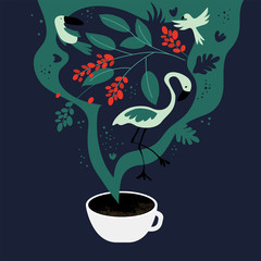 Vector illustration of cup of espresso with fancy scent. The dreams about tropics, equatorial regions where coffee plants are cultivated. Template with toucan,flamingo, parrot for banner, poster,flyer