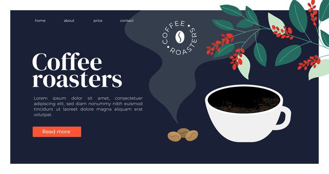 Template  for coffee roasters website. Vector illustration with espresso, fresh roasted coffee beans and plant. Design for banner, landing page, web page, blog post, booklet, prints, flyer, background