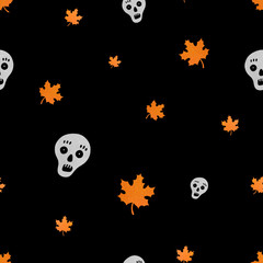 Seamless Halloween pattern with skull and maple leaf on black background.