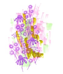 Hand-drawn stylized floral motifs. Color boho styled doodle background.