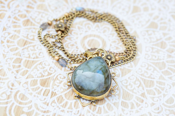 Labradorite drop shape decorative pendant on brass chain