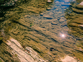 Transparent clear water of a mountain stream, with the reflected sun flowing along the channel with silt-covered stones on a sunny summer day in the shade of trees.