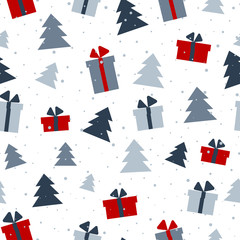 Merry Christmas, Happy New Year seamless pattern with Christmas trees and gifts