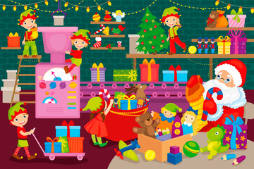 Elves And Santa Claus Are Packing Gifts