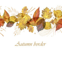 Watercolor illustration. Endless border, strip. Leaves and branches on a white background. Autumn motif
