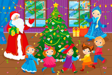 Santa Claus And Children Dancing Around Christmas Tree