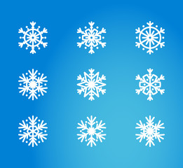 Vector illustration, snowflake icon set. Isolated white silhouette on a blue background with gradient. Applicable as a decorative element for Xmas designs, winter weather concepts etc.