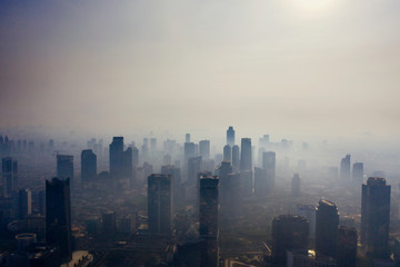 Fototapeta premium Malownicze zanieczyszczenie powietrza sylwetka drapaczy chmur