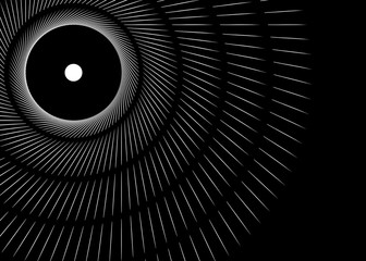 Optical illusion. Night sky. Geometric seamless pattern B&W. Abstract lines radial website background. Futuristic rays, circular, round shapes.