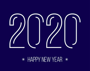 Minimalist Happy New Year 2020 greeting card on blue background. Holiday banner with contour line 2020 numbers. Vector celebration illustration