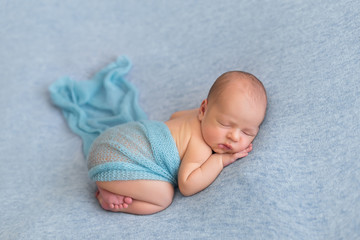 first photo shoot. newborn child. the child lies on a blue blanket