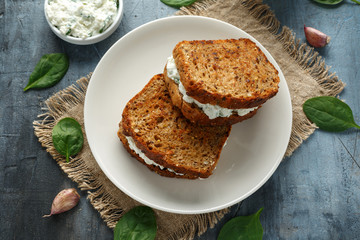 Ricotta cheese spinach sandwich with coffee. healthy breakfast