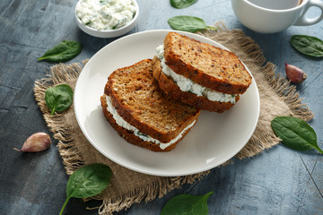 Ricotta cheese spinach sandwich with coffee. healthy breakfast