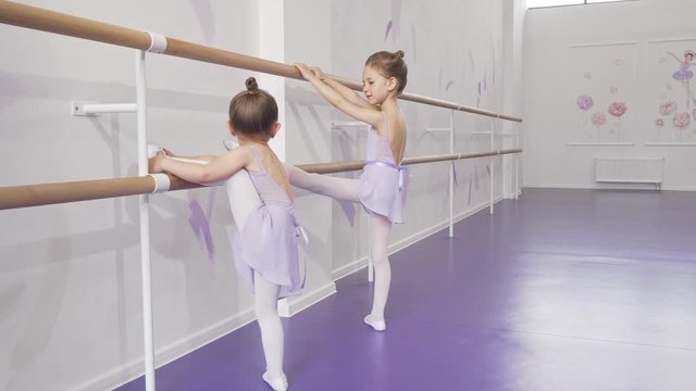 Two cute little ballerinas stretching at ballet school together. Adorable little girls in leotards and skirts exercising together at dancing school, stretching on ballet bar