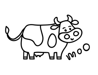 Vector illustration, line cartoon standing spotted cow. Hand drawn, isolated. With 