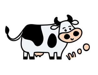 Vector illustration, line cartoon sketched standing spotted cow. Hand drawn, isolated. With 