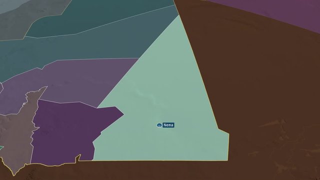 Hodh ech Chargui - region of Mauritania with its capital zoomed on the administrative map of the globe. Animation 3D