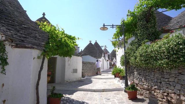 Scenic sight in Alberobello, the famous Trulli village in Puglia (Apulia), southern Italy.