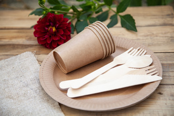 Eco-friendly disposable paper tableware. Party, picnic and camping concept, camping utensils, zero
