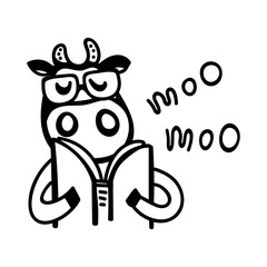 Vector illustration, line cartoon cow wearing glasses and reading book. Hand drawn, black outline, isolated. "MOO" lettering. Applicable for package, poster, label designs, banners, flyers etc.