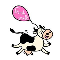 Vector illustration, line, colored running or flying spotted cow with air balloon. Hand drawn, isolated, with "Fresh milk" lettering. For package, poster, label designs, flyers, banners etc.