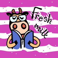 Vector illustration, line cartoon smart cow wearing glasses and reading book. Hand drawn, on a striped pink background. Applicable for package, poster, label designs, banners, flyers etc.