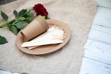 Various eco-friendly kraft paper packaging, containers for takeaway food. Zero waste and recycling concept.
