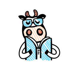 Vector illustration, line cartoon cow wearing glasses and reading book. Hand drawn, colored, isolated. Applicable for package, poster, label designs, banners, flyers etc.