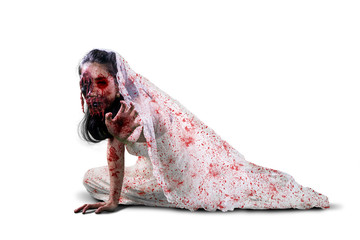 Creepy bride ghost crawling on the studio