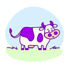 Standing spotted cute cow in violet pastel colors in line cartoon style with hearts. Hand drawn, isolated vector illustration, Eps 10.