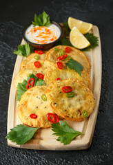 Traditional Indian snack food, chicken and vegetable staffing kachori