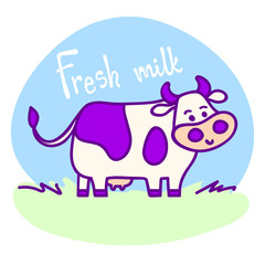 Standing spotted cute cow in violet pastel colors in line cartoon style with "Fresh milk" lettering. Hand drawn, isolated vector illustration, Eps 10.