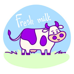 Standing spotted cute cow in violet pastel colors in line cartoon style with 