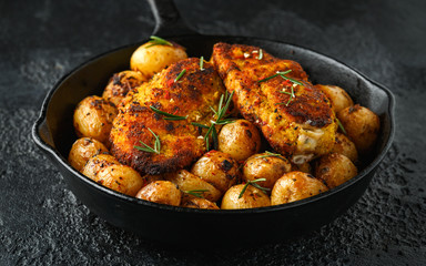 Freshly cooked breaded chicken Kiev's served with crispy baked rosemary potato in rustic cast iron skillet, pan