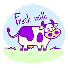 Standing spotted cute cow in violet pastel colors in line cartoon style with 