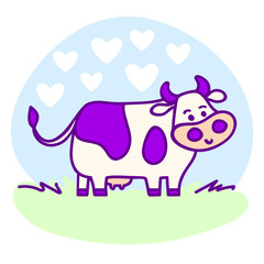 Standing spotted cute cow in violet pastel colors in line cartoon style with hearts. Hand drawn, isolated vector illustration, Eps 10.
