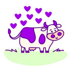 Standing spotted cute cow in violet pastel colors in line cartoon style with hearts. Hand drawn, isolated vector illustration, Eps 10.