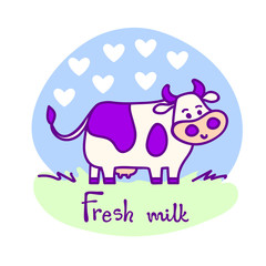 Standing spotted cute cow in violet pastel colors in line cartoon style with "Fresh milk" lettering. Hand drawn, isolated vector illustration, Eps 10.